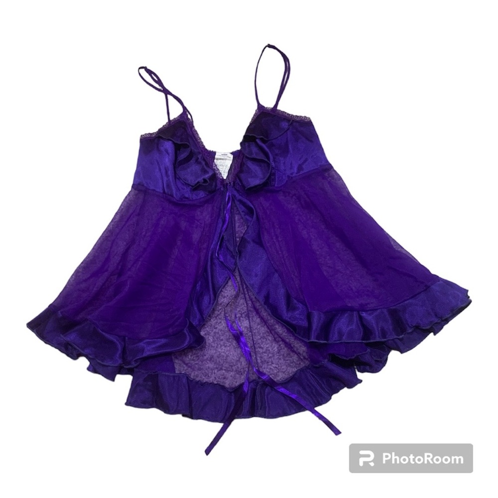 90s/Y2k Mayela Bright Purple Flowy Mesh Babydoll Lingerie Mini Dress, Size M